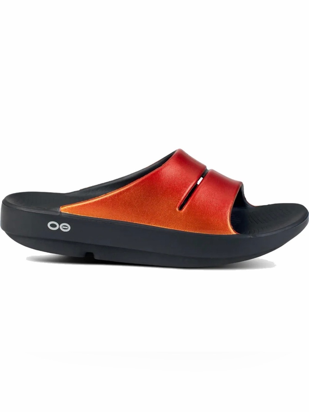 OOFOS Slide Sandal in Red-to-Orange Gradient with Black Sole